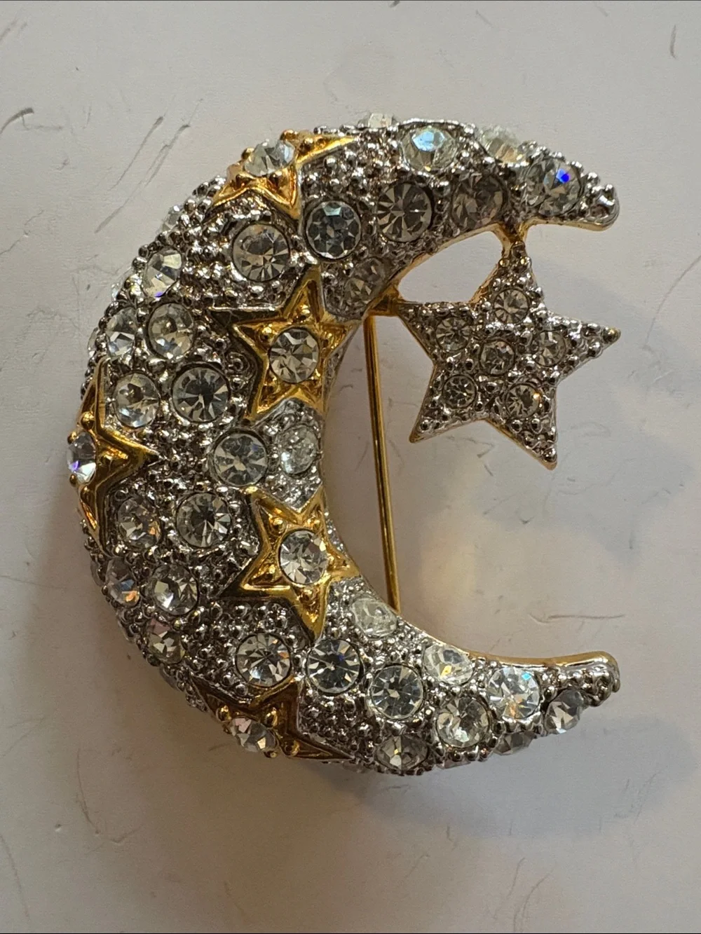 Gold and Silver Crescent Moon & Star Crystal Brooch